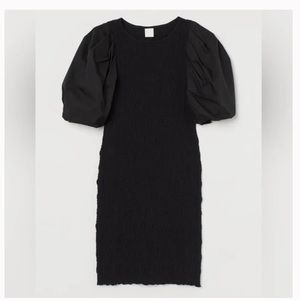 H&M Balloon-sleeved Smocked Black Dress